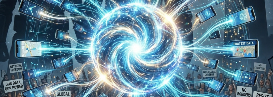 Smartphones connected around a bright swirling digital network hub